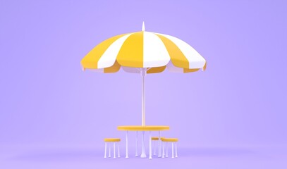 Striped white yellow beach umbrella with table and chairs isolated on purple background. Folding garden parasol, awning, sunshade, accessory for summer vacation, sun protection outdoor, 3d render
