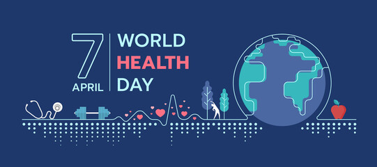 world health day - heart beat wave line connect to globe world with hearts symbol, stethoscope, dumbbell, exercise person and apple around and abstract dot on blue background vector design