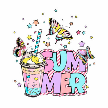 Cute picture with milkshake in cup and butterflies. Summer  illustration. Stylish composition for printing on any surface