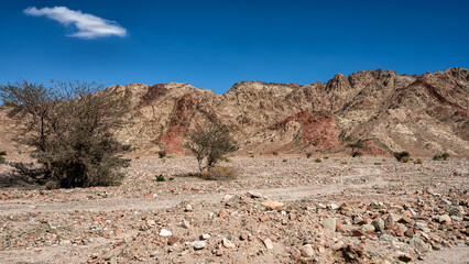 Mountains between the city of Aqaba and the Wadi Rum Protected Area near the Jordan-Saudi border. Tutun, Jordan.