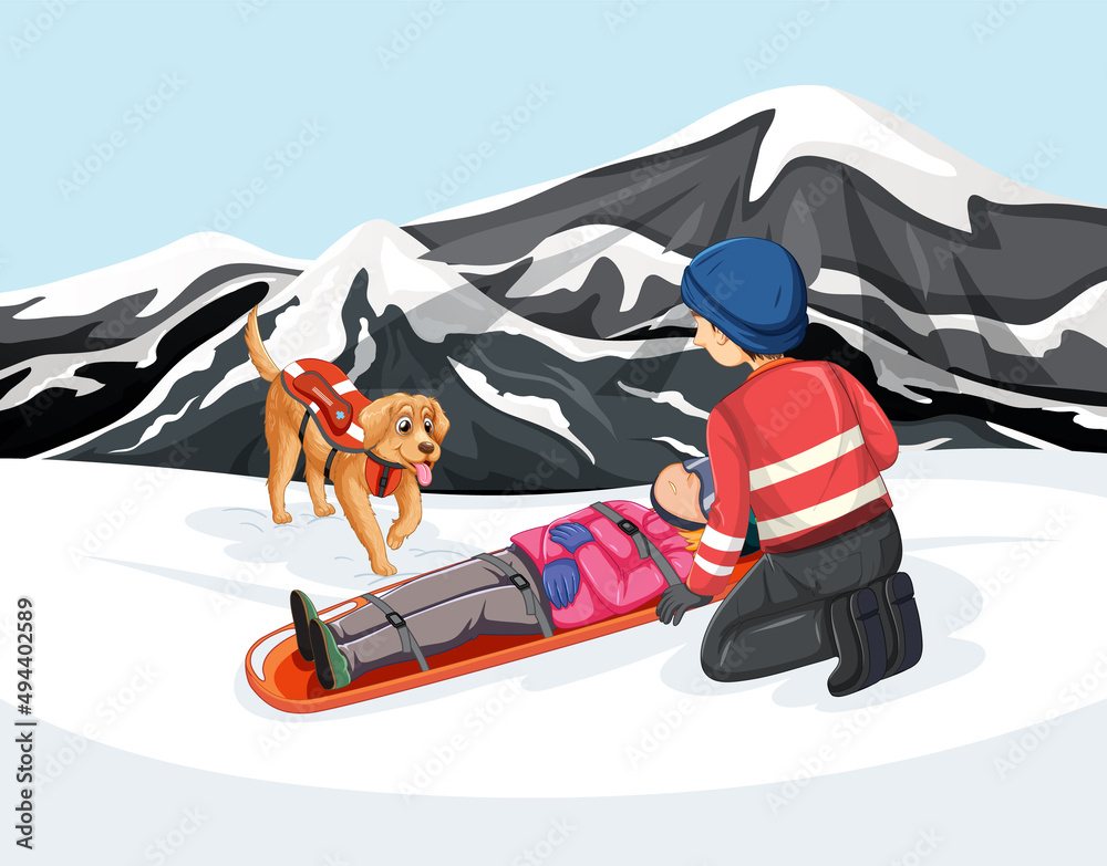 Wall mural rescue using stretcher on snow mountain