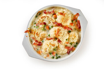 Tasty cauliflower gratin in bowl on table
