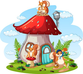 Obraz na płótnie Canvas Scene with squirrels at mushroom house