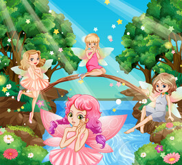 Obraz na płótnie Canvas Fantastic forest scene with beautiful fairies