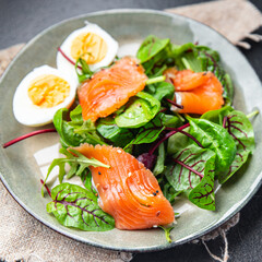 salmon easter salad green leaves egg lettuce healthy meal food diet snack on the table copy space food background 