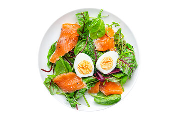 salmon easter salad green leaves egg lettuce healthy meal food diet snack on the table copy space food background 