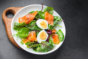 salmon easter salad green leaves egg lettuce healthy meal food diet snack on the table copy space food background 