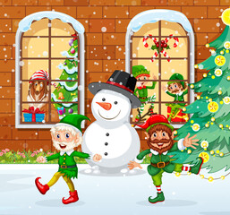 Outdoor scene with Christmas elf cartoon character