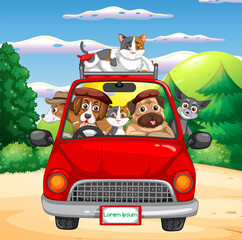 Cartoon dogs and cats on road trip