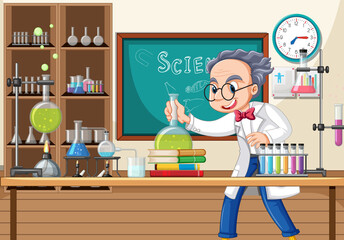 Laboratory scene with scientist cartoon character