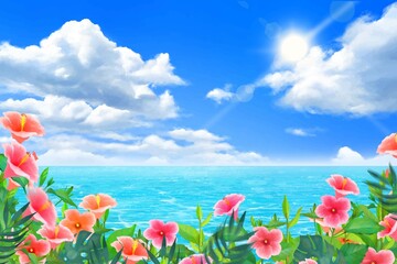Fototapeta na wymiar 太陽の光差し込む青い空の下、美しい海沿いにハイビスカスの咲く夏のおしゃれフレーム背景素材 