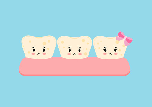 Cute tooth with yellow plaque before whitening icon. Teeth stain treatment, cleaning, whitening concept. Flat cartoon emoji character vector illustration. Dental hygiene stained teeth