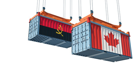 Cargo containers with Canada and Angola national flags. 3D Rendering