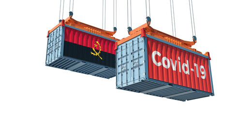 Container with Coronavirus Covid-19 text on the side and container with Angola Flag. 3D Rendering 