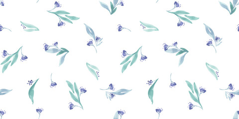 motif au rapport de petits bouquets de fleurs aquarelle lavande et verte avec leurs feuilles sur fond blanc