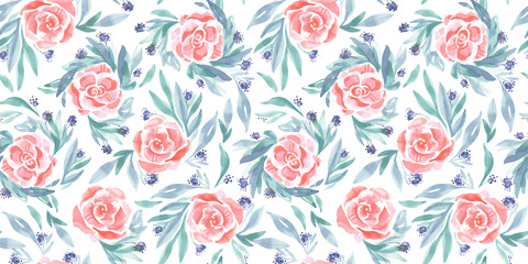 Fototapeta na wymiar motif fleur aquarelle bouquet de rose et petites fleurs violette sur fond blanc
