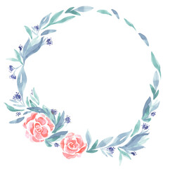couronne fleur aquarelle ronde de deux fleurs roses entourée de feuilles et de petites fleurs violettes
