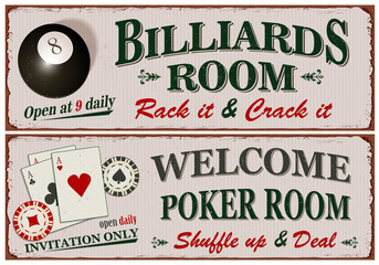 Gambling vintage vector poster collection.Retro Billiards,Poker metal sign.