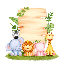 Watercolor Wooden sign and safari animals  © Stella