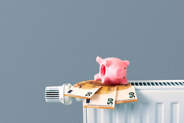 heating and energy costs, savings, piggy bank and money bank notes on heating radiator