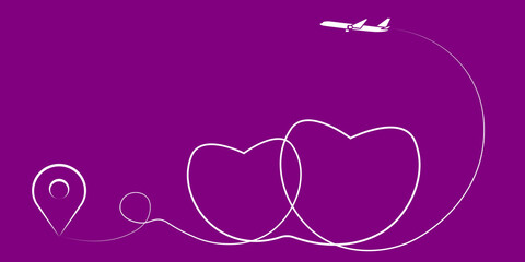 Global logistics network. Airplane route in two heart  shape. Romantic travel concept. Velvet Violet background with start point,  two heart, airplane and  line trace. Vector illustration EPS10.