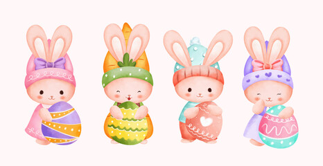 Watercolor set of Easter Rabbit in Easter Egg basket 
