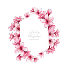 Frame with cherry blossom. Hand painted sakura background. Botanical hand drawn illustration for wedding invitations, prints, greeting cards, birthday