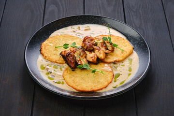 Potato fritters with teriyaki chicken