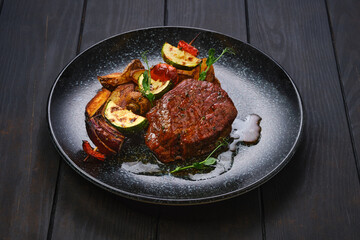 Beef steak with potato wedges and grilled vegetables