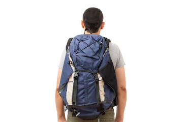 Fototapeta premium The back of the man with big blue backpack on the white background ready to travel.