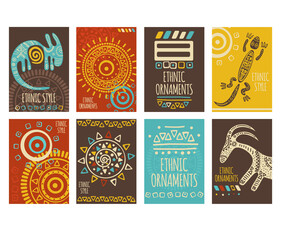Set of ethnic banner, background, flyer, placard with tribal ornaments of red, yellow, blue and brown colors. Vertical vector poster, template card, sticker with geometric patterns and animals. EPS8