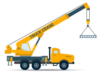 Truck crane lifting a load. Concrete slab hangs on a hook. Isolated color vector illustration for construction or renovation design.