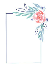élément cadre ligne avec bouquet de fleur dans un coin, fleur effet aquarelle rose et violette avec des feuilles
