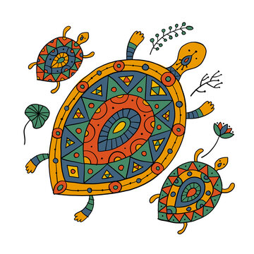 Cute Turtle family in ethnic ornament style. Tortoise with chidren. Floral decor background. Art isolated on white