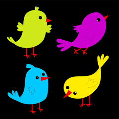 Bird set icon. Cute kawaii cartoon funny baby character. Birds collection. Decoration element. Singing song, flying, eating. Flat design. Isolated. Black background.