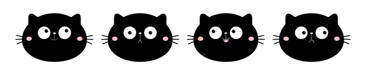 Cute cat face set line. Funny cartoon characters. Emotion collection. Happy, surprised, crying, sad, angry, smiling. Black silhouette sticker. White background. Isolated. Flat design.