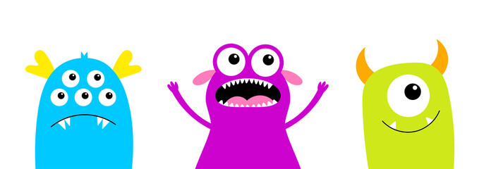 Monster set line. Kawaii cute cartoon funny baby character. Happy Halloween. Sticker print. Colorful silhouette. Eyes, horn, teeth fang tongue, wings. Flat design. White background.