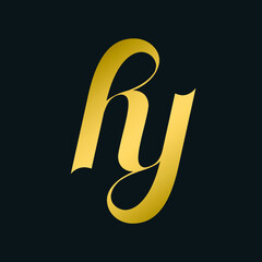 Fototapeta premium HY monogram logo.Typographic signature icon.Letter h and letter y.Lowercase lettering sign isolated on dark fund.Wedding, fashion, beauty alphabet initials.Elegant, luxury style.Gold color.