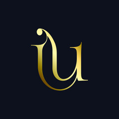 IU monogram logo.Typographic signature icon.Letter i and letter u.Lowercase lettering sign isolated on dark fund.Wedding, fashion, beauty alphabet initials.Elegant, luxury style.Gold color.
