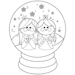 Beautiful winter princesses in a snow globe. Vector black and white coloring page