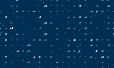 Seamless background pattern of evenly spaced white chart line symbols of different sizes and opacity. Vector illustration on dark blue background with stars