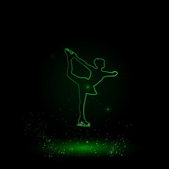 Obraz na płótnie Canvas A large green outline female figure skating symbol on the center. Green Neon style. Neon color with shiny stars. Vector illustration on black background