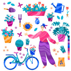 Set with garden equipment, flowers and girl. Create your own design. Vector illustration with isolated objects.