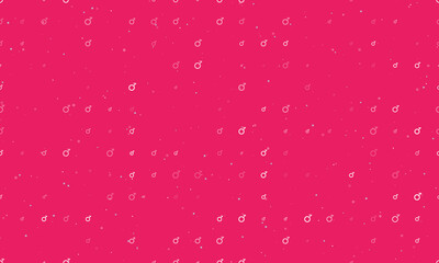 Seamless background pattern of evenly spaced white demiboy symbols of different sizes and opacity. Vector illustration on pink background with stars