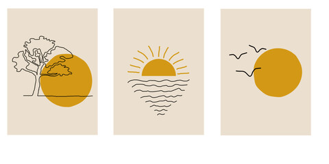 Fototapeta premium Collection of modern simple minimalist landscape abstractions (sketch): horizon with tree, sun (sunset or sunrise) over the ocean and flying birds on the beach