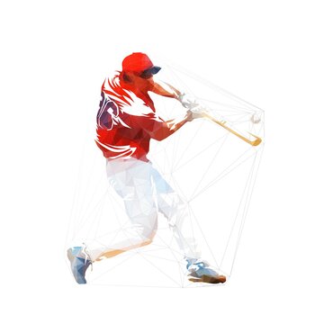 Baseball player hits the ball, batter. Isolated  low polygonal vector illustration, geometric drawing from triangles. Baseball logo