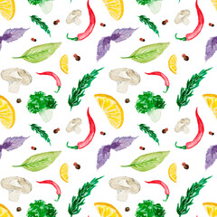 Colorful pattern with spices, broccoli , basil, bay leaf, pepper, rosemary, mushroom and lemon on a white background