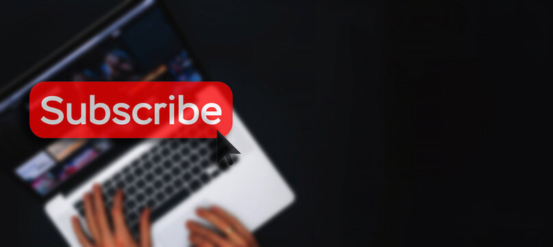 Subscribe button. Online video subscription red button. Internet service on laptop digital tablet blured banner background. Visual contents concept. Social networking service.