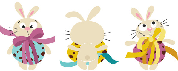 Set of three cute bunnies with easter eggs