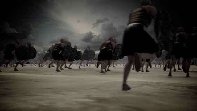 Huge Army of Ancient Warriors Running Through a Battlefield